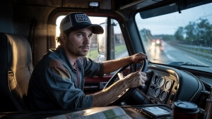 Conductor joven conduciendo un camión