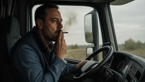 Conductor fumando dentro del camión