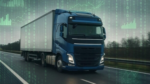 Camión europeo circulando por carretera con visualización digital de datos logísticos
