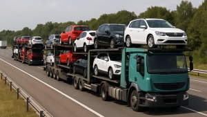 Varios camiones portavehículos circulan por una autovía