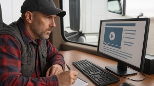 Transportista estudiando delante de un ordenador