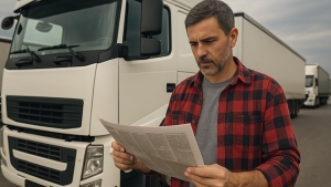 Conductor de camión leyendo la prensa